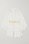 ZIMMERMANN BELTED BUTTON-DETAILED GUIPURE LACE MINI DRESS