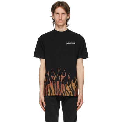 Palm Angels Tiger Flames Print Cotton Jersey T-shirt In Black,brown,beige