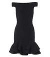 Alexander Mcqueen Off-the-shoulder Ruffled Ribbed Stretch-knit Mini Dress In Black