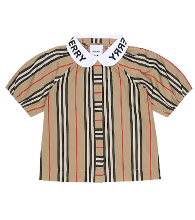 Burberry Kids' Logo Print Puff-sleeve Icon Stripe Cotton Blouse In Neutrals