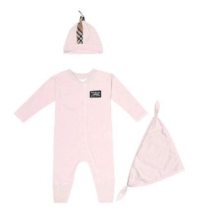 Burberry Baby Cotton Onesie, Hat And Bib Gift Set In Pink