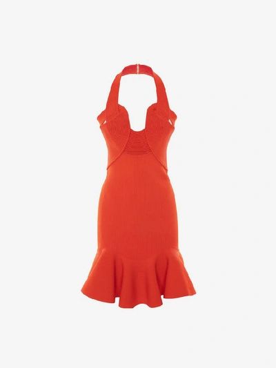 Alexander Mcqueen Halterneck Rib Knit Mini Dress In Orange