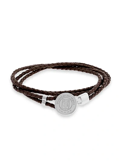 Zegna Sterling Silver & Braided Leather Logo Bracelet