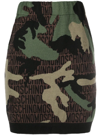 Moschino Couture Pencil Skirt In Camouflage Wool With Logo All Over In Green