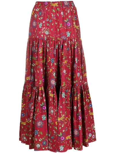 La Doublej Floral Print Full Skirt In Red