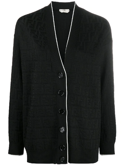 Fendi Whisper Logo Jacquard Cotton Blend Cardigan In Black