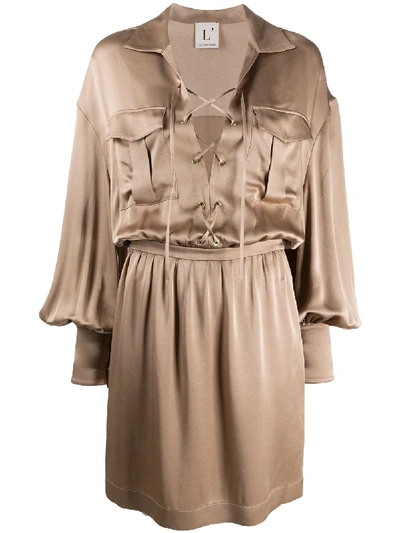 L'autre Chose Ballon Sleeve Drawstring Dress In Brown