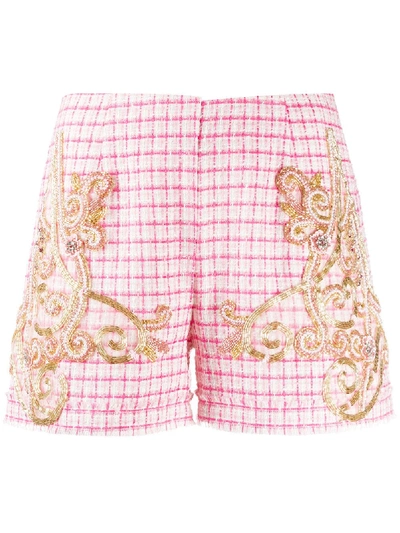 Loulou Bead-embellished Check Shorts In Pink