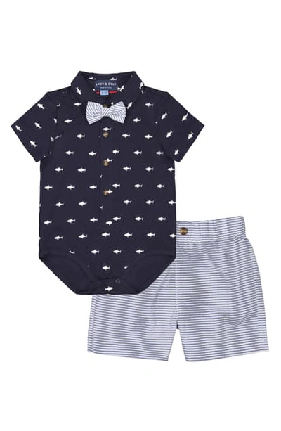 Andy & Evan Babies' Andy & Even Navy Shark Polo Bodysuit & Shorts Set