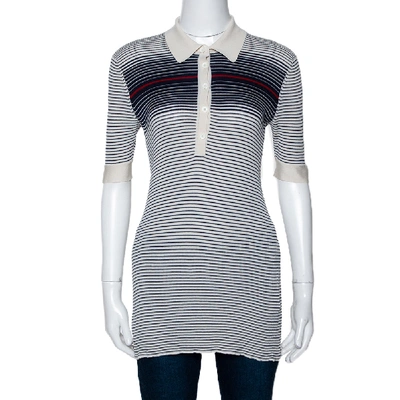 Pre-owned Gucci Cream & Navy Striped Silk Knit Polo Top M