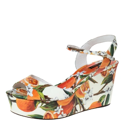 Pre-owned Dolce & Gabbana Orange Print Patent Leather Ankle Strap Platform Wedge Sandals Size 41 In Multicolor