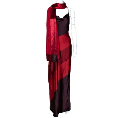 Pre-owned Max Mara Maroon Color Blocked Satin Shawl & Dress Set M In Red