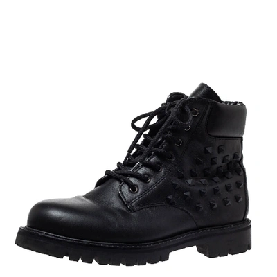 Pre-owned Valentino Garavani Black Leather Rockstud Combat Boots Size 40