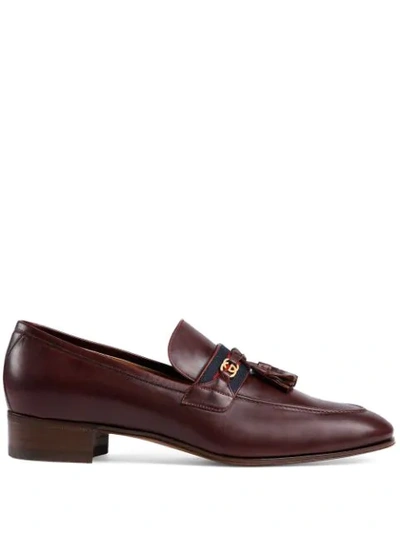 Gucci Brown Web Detail Interlocking G Leather Loafers In Burgundy