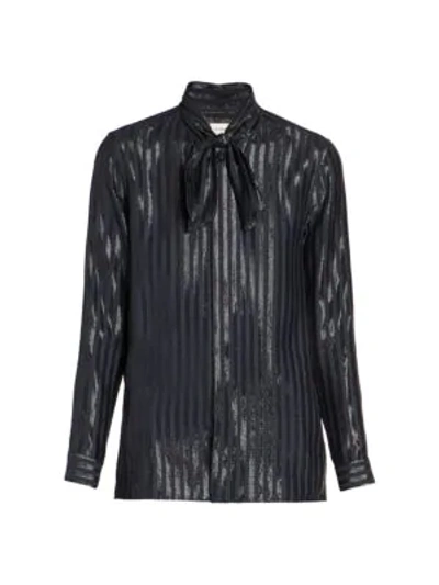 Saint Laurent Metallic Stripe Long-sleeve Button-down Blouse In Dark Blue