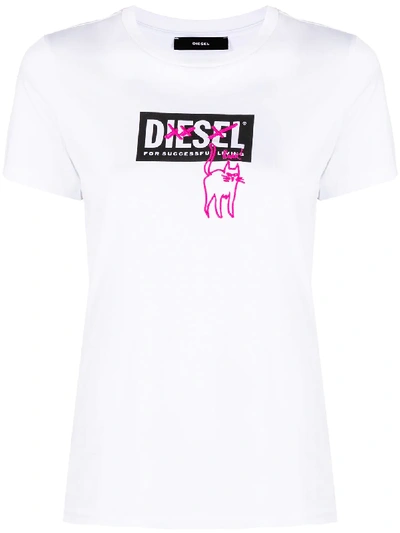 Diesel T-shirt In Cotton With Cat Logo In White