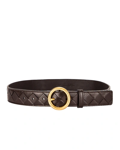 Bottega Veneta Intrecciato Leather Belt In Black Nero/gold