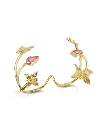 Bernard Delettrez Rings Butterfly And Pink Sapphires Gold 2 Fingers Ring In Rose