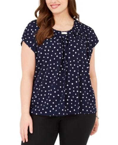 Adrienne Vittadini Plus Size Printed Pleat-neck Top In Navy Dots
