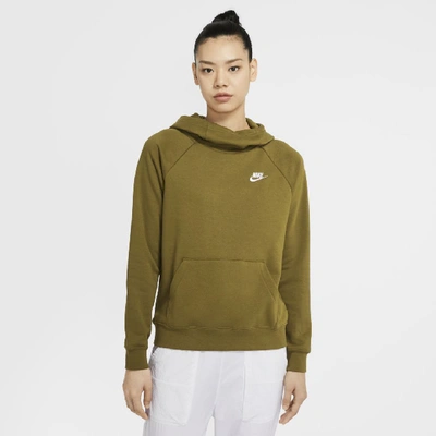 Nike Sportswear Essential Women's Funnel-neck Fleece Pullover Hoodie (olive Flak) In Olive Flak,white