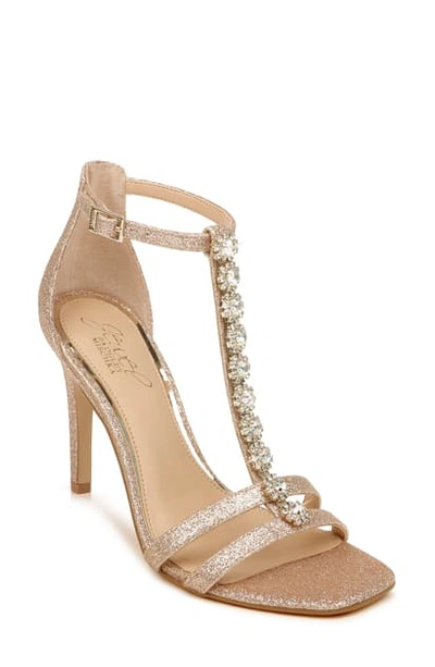 Jewel Badgley Mischka Farida Crystal Embellished T-strap Sandal In Rose Gold Glitter
