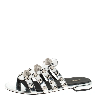 Pre-owned Balenciaga Metallic Silver Leather Arena Giant Studded Flat Slides Size 36