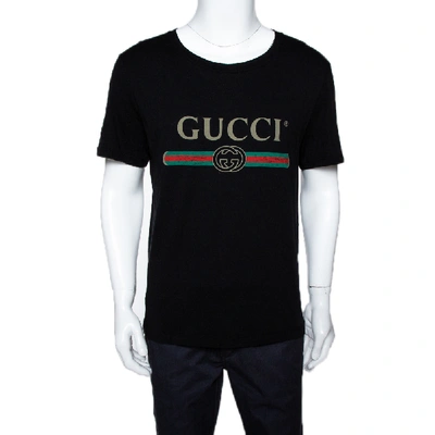 Pre-owned Gucci Black Vintage Logo Print Washed Cotton Oversized T-shirt S