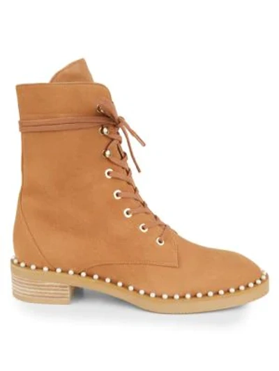 Stuart Weitzman Sondra Faux Pearl-embellished Suede Combat Boots In Tan