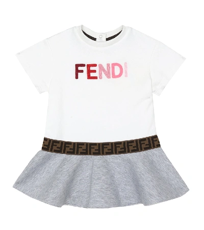 Fendi Baby Logo棉质氯丁橡胶连衣裙 In Ivory/grey