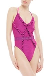 NICHOLAS BELTED RUFFLE-TRIMMED MÉLANGE RIBBED SWIMSUIT,3074457345622918844
