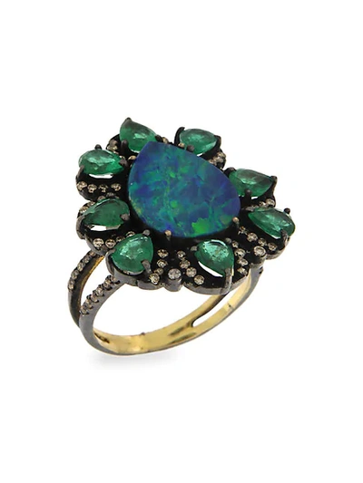 Meira T 14k Yellow Gold, Emerald Opal & Brown Diamond Floral Ring
