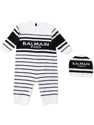 Balmain Knitted Striped Babygrow In White