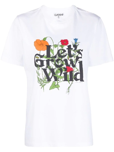 Ganni Slogan Print T-shirt In White