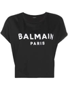 Balmain Logo Print Cropped Cotton Jersey T-shirt In Noir Blanc