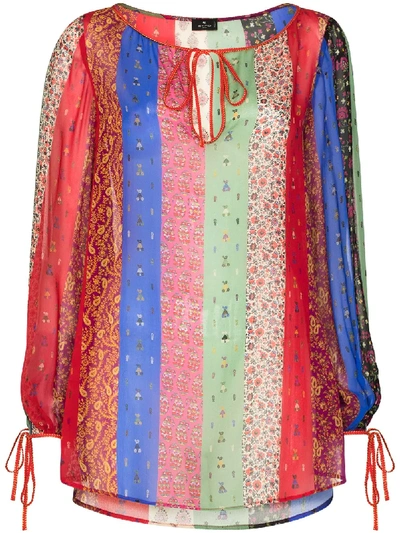 Etro Colour-blocked Paisley And Floral-print Blouse In Blue