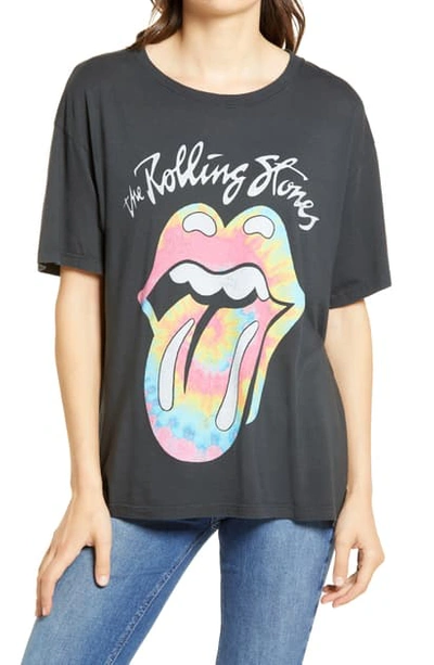 Daydreamer Rolling Stones Tie Dye Tongue Boyfriend Tee In Vintage Black