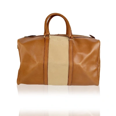 Dior Vintage Beige Leather Duffle Duffel Boston Bag In Brown