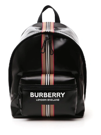 Burberry Backpack With Logo And Striped Motif In Glossy Coated Canvas In Black