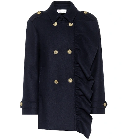 Red Valentino Double-breasted Ruffle Applique Pea Coat In Blue