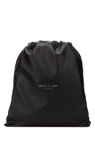 Saint Laurent Logo Print Drawstring Leather Backpack In Black