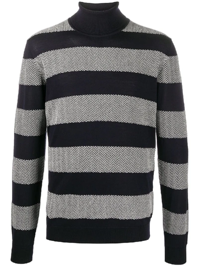 Giorgio Armani Turtleneck In Cashmere And Virgin Wool With Herringbone Bands In Blue,white