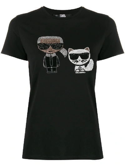 Karl Lagerfeld Ikonik Karl & Choupette T恤 In Black