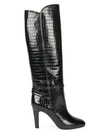 SAINT LAURENT Blu Ankle-Wrap Tall Croc-Embossed Leather Boots