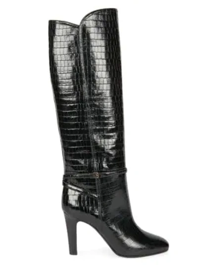 Saint Laurent Blu Ankle-wrap Tall Croc-embossed Leather Boots In Nero