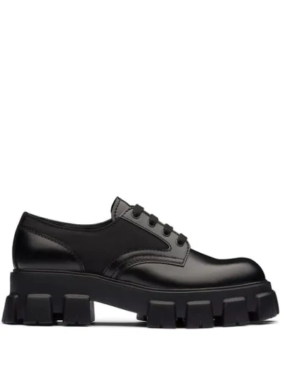 Prada Monolith Brushed Rois Leather And Nylon Lace-up Shoes In Black