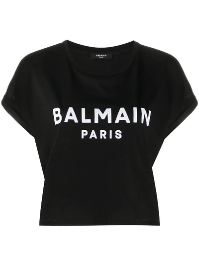 Balmain White Crewneck T-shirt With Logo Print And Golden Buttons In Jersey Woman In Black