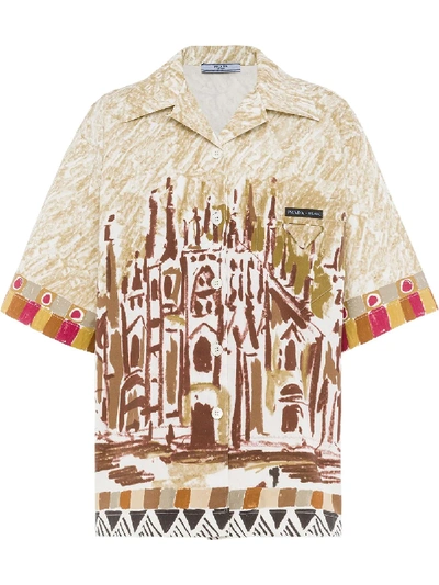 Prada Church-print Bowling Shirt In Brown
