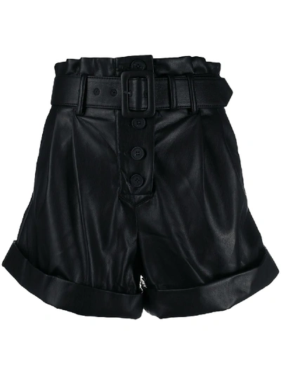 Self-portrait Belted Faux Leather Shorts In Black