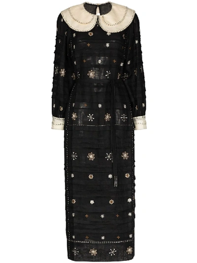 Vita Kin Constellation Embroidered Linen Midi Dress In Black