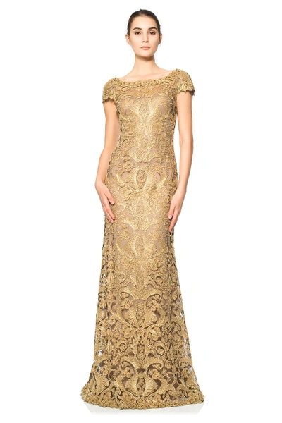 Tadashi Shoji Corded Embroidery On Tulle Cap Sleeve Gown In Blossom